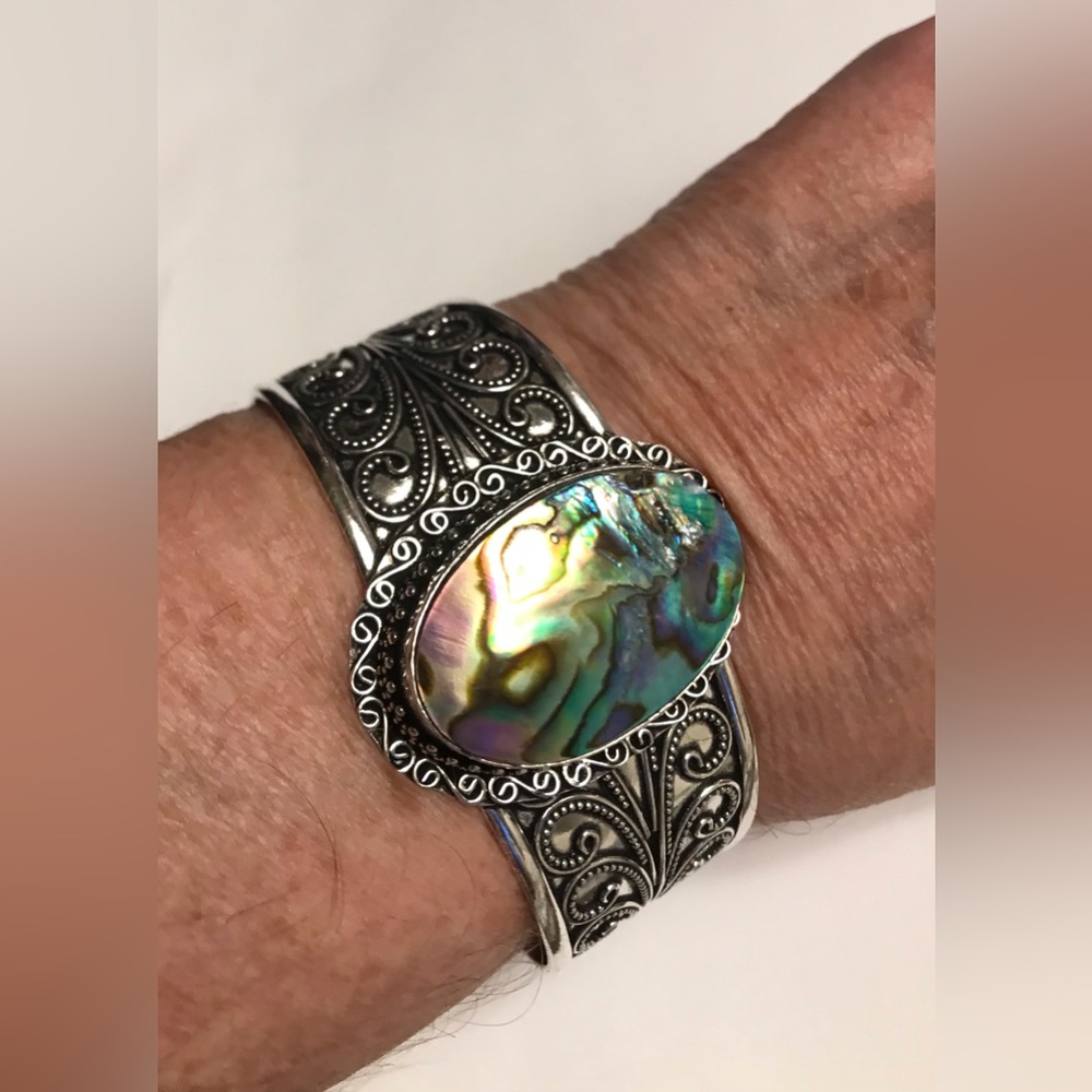 Abalone Stamped 925 Sterling Silver Cuff Bracelet